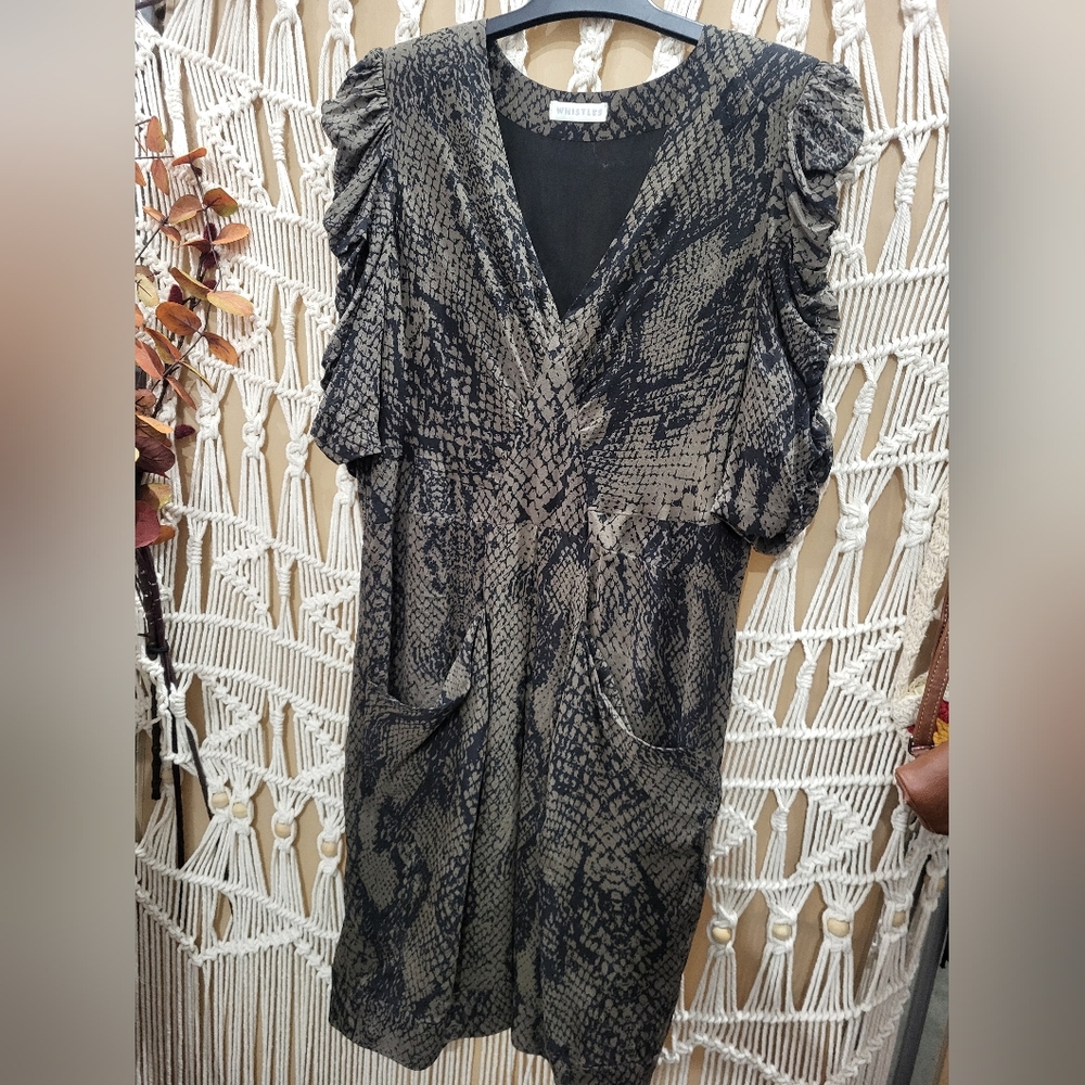 Whistles 100% SILK Ruffle Sleeve Black & Taupe Snakeskin Pattern Dress W POCKETS